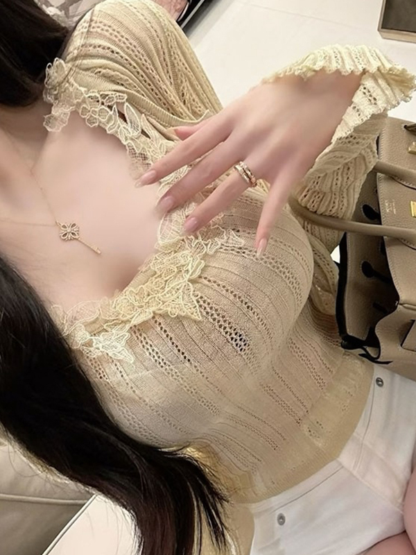 Elastic Lace Trim - ชุดคาร์ดิแกนถักสายเดี่ยวแต่งลูกไม้ สไตล์เกาหลี ดูเป็นผู้ใหญ่เล็กน้อย ระบายอากาศได้ดี ยืดหยุ่นสูง คอวี
