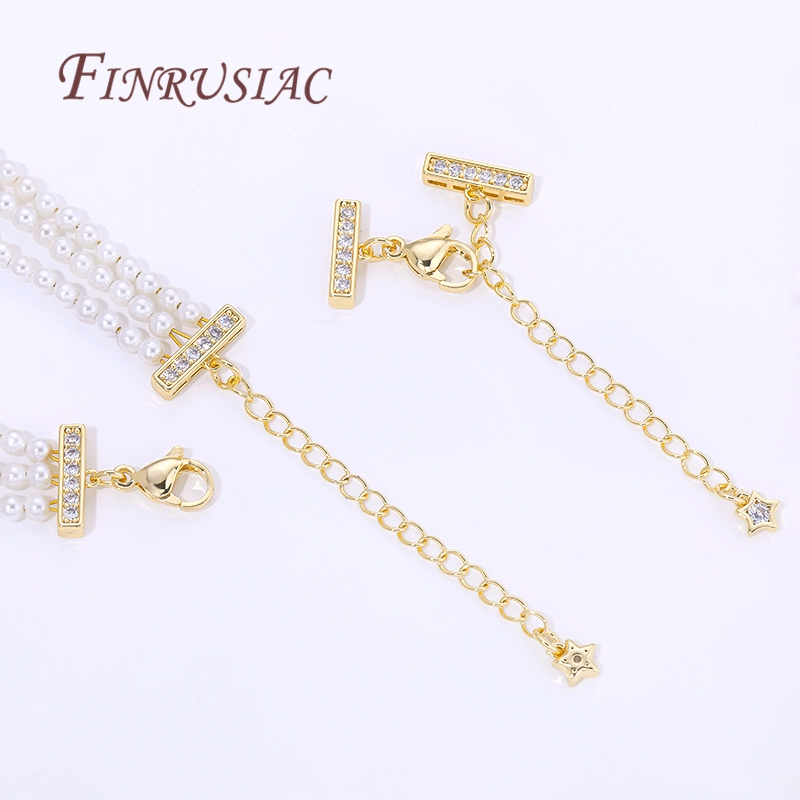 Pearl Trim Chain - ตัวเชื่อมสร้อยคอมุก 3 แถว ชุบทอง 18K พร้อมโซ่ต่อแบบมีตัวล็อคแบบก้ามปู