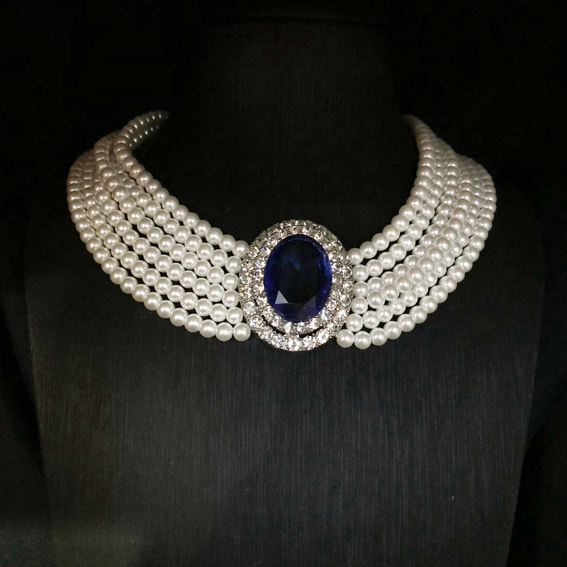 Pearl Trim Chain - สร้อยคอแซฟไฟร์ฝังเพชรแบบฝรั่งเศสย้อนยุคปี 2026 สร้อยคอมุกแก้วหลายชั้น สไตล์เฮปเบิร์น สร้อยคอประดับไหปลาร้า