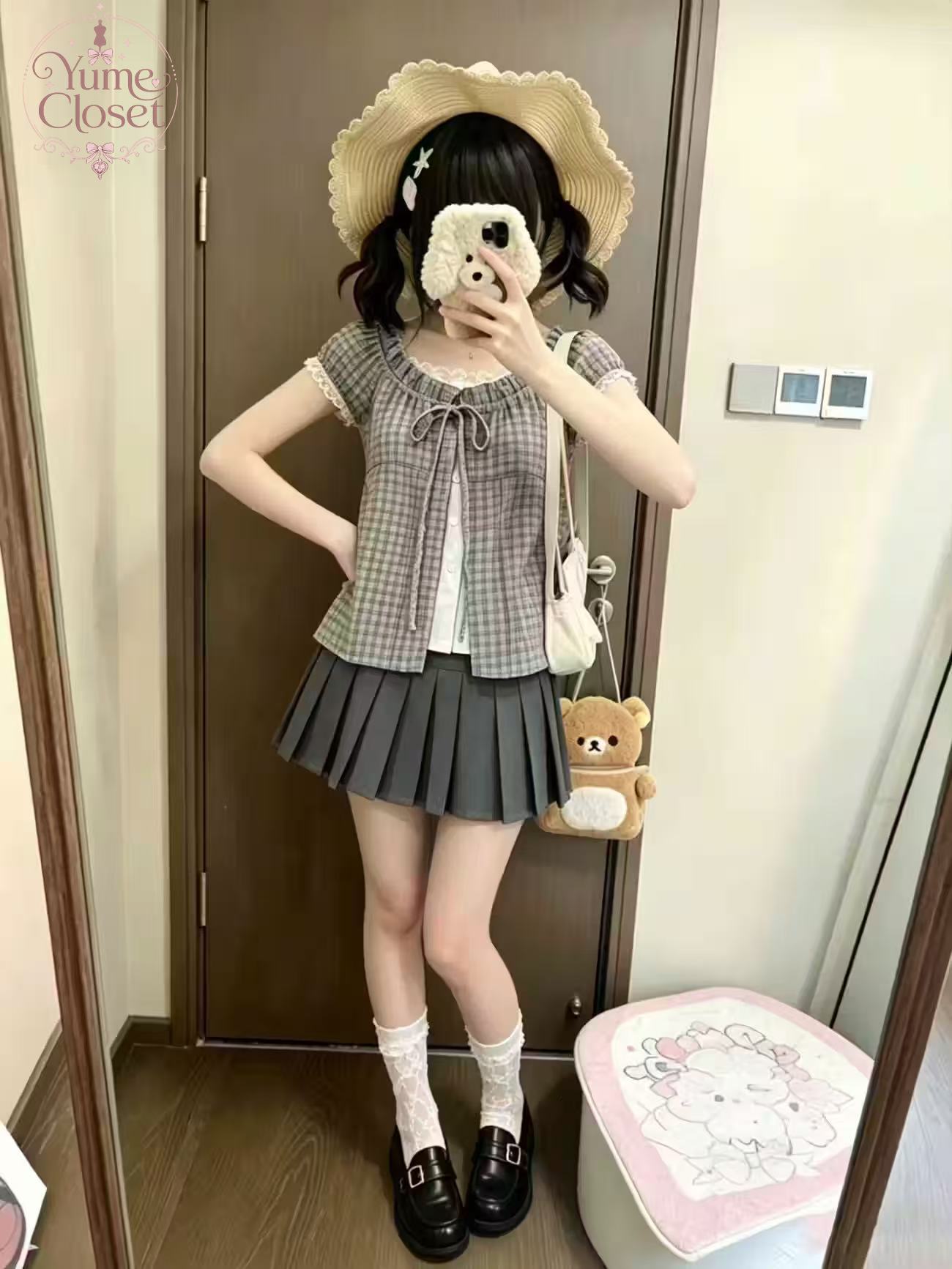 Elastic Lace Trim - ชุดเซ็ต 2 ชิ้นลายสก็อตวินเทจญี่ปุ่นสำหรับผู้หญิง เสื้อแขนระบายแต่งโบว์ลูกไม้ กระโปรงมินิสเกิร์ตเอวสูงทรงพลีท ชุดลำลองสำหรับใส่ในชีวิตประจำวัน