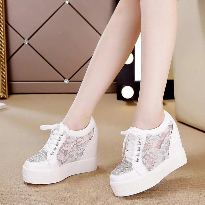Crystal Mesh Fabric - รองเท้าแพลตฟอร์มรองเท้าผ้าใบแฟชั่นผู้หญิงรองเท้าเพิ่มความสูงด้วยพลอยเทียมรองเท้าสนีกเกอร์แบรนด์หวานนักเรียน YX2501