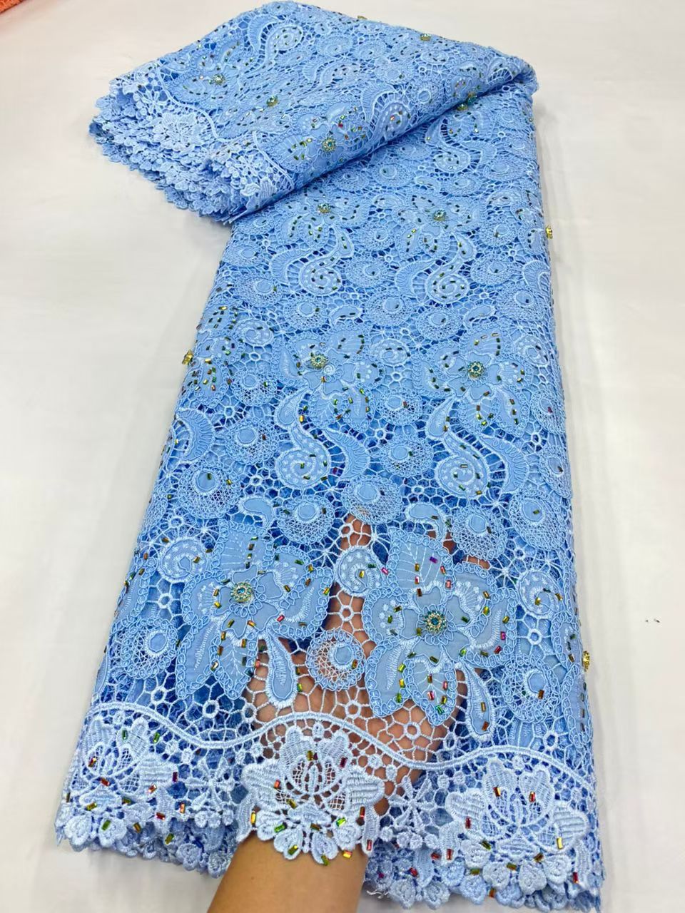 Crystal Mesh Fabric - ผ้าลูกไม้กูว์ปัวร์ลายล่าสุด ผ้าลูกไม้แอฟริกันสีคริสตัล 2026 วัสดุไนจีเรียแบบละลายน้ำได้ 3 มิติ