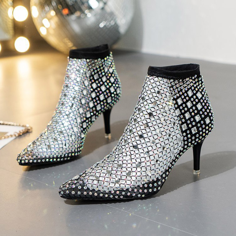 Crystal Mesh Fabric - 2025 ฤดูร้อนตาข่ายรองเท้าแตะรองเท้าผู้หญิง Rhinestones Hollow Pointed Toe