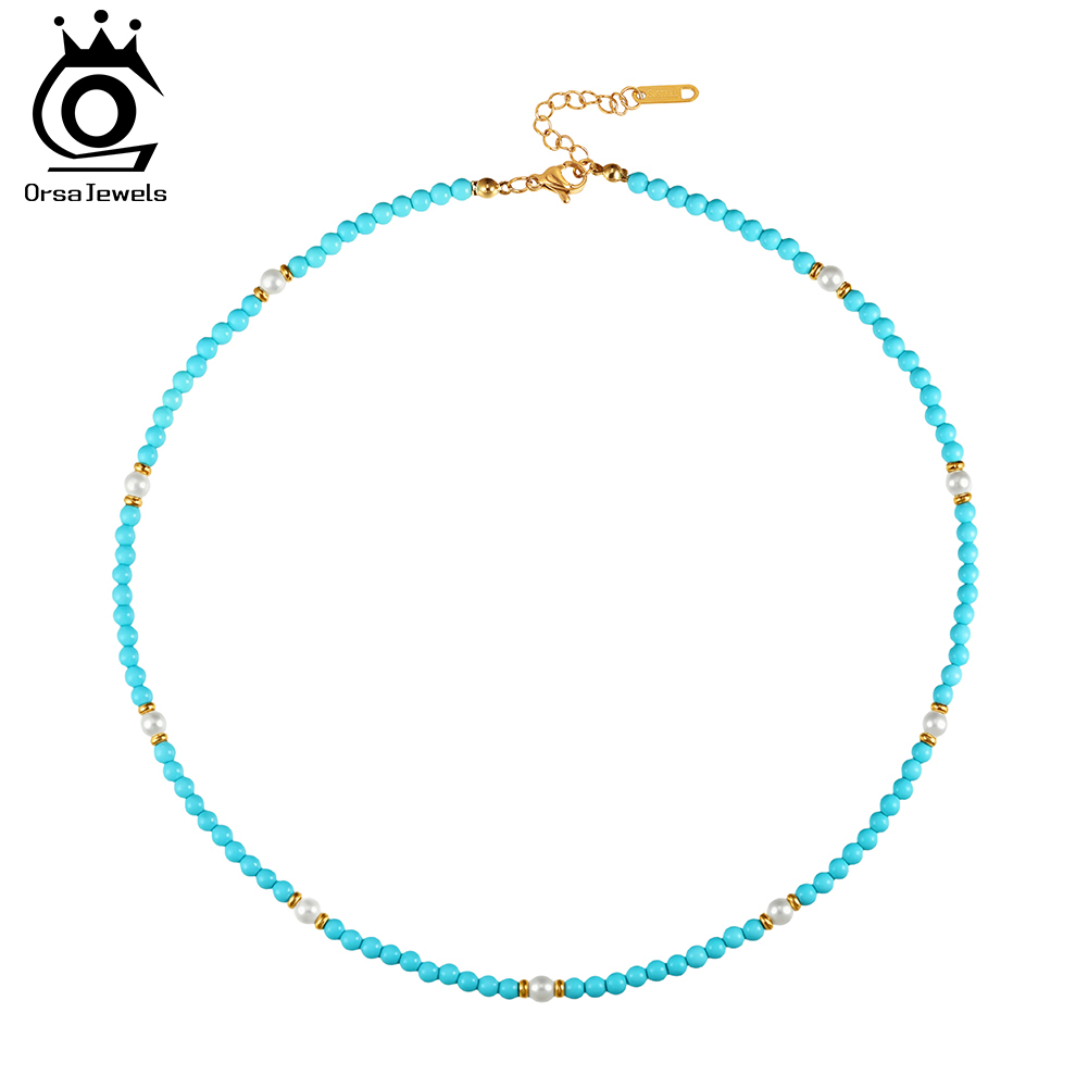 Pearl Trim Chain - ORSA JEWELS โบฮีเมียน 18K แฟชั่นสร้อยคอเครื่องประดับสแตนเลสสีเขียวเทอร์ควอยซ์สร้อยคอลูกปัดพร้อมไข่มุกธรรมชาติ STMN06