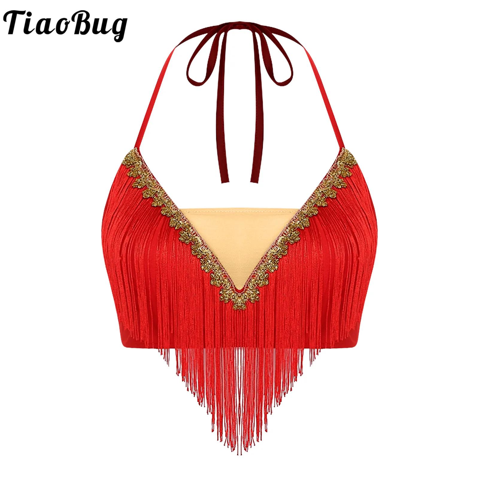 Tassel Fringe Trim - เสื้อครอปท็อปเต้นระบำหน้าท้องแบบผูกเชือกประดับพู่สำหรับผู้หญิง สายคล้องคอแบบผูกเชือก แต่งขอบสีทอง สายเดี่ยวสำหรับการแสดงบนเวที