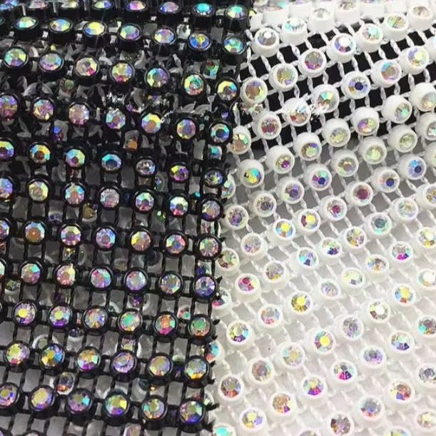 Crystal Mesh Fabric - ผ้าตาข่ายคริสตัลเพชร 24 แถว สี AB ประดับด้วยเพชรเทียม